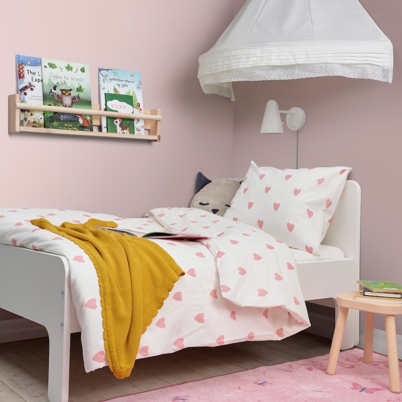 Housse de couette et 1 taie, motif coeur blanc/rose