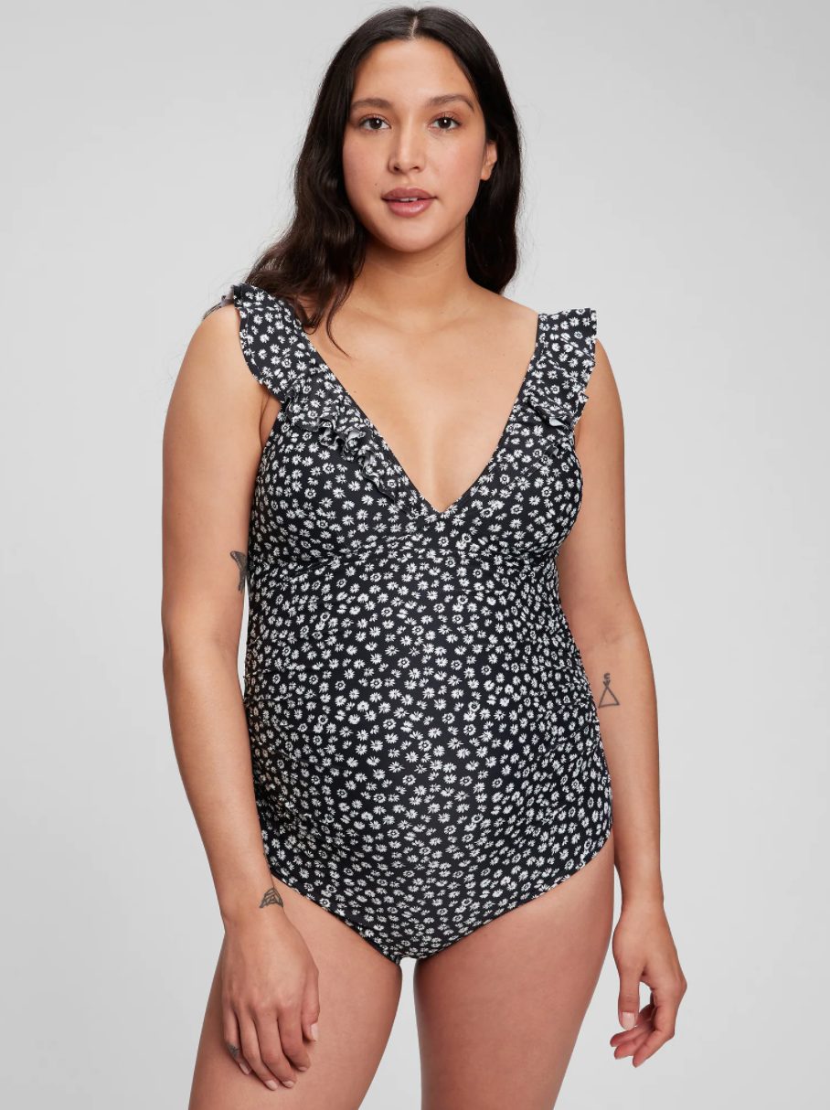 Maillot une-pièce de maternité à volants à col en V