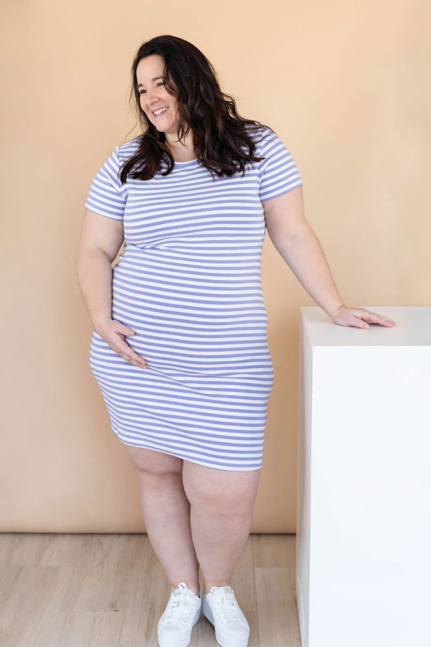 Robe INTRIGUE - rayures lilas & blanc