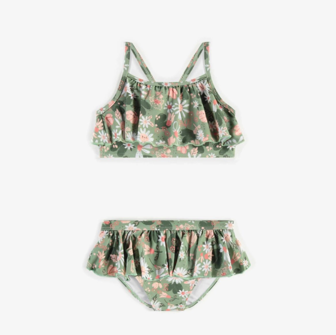Bikini vert à motifs avec volant et jupette